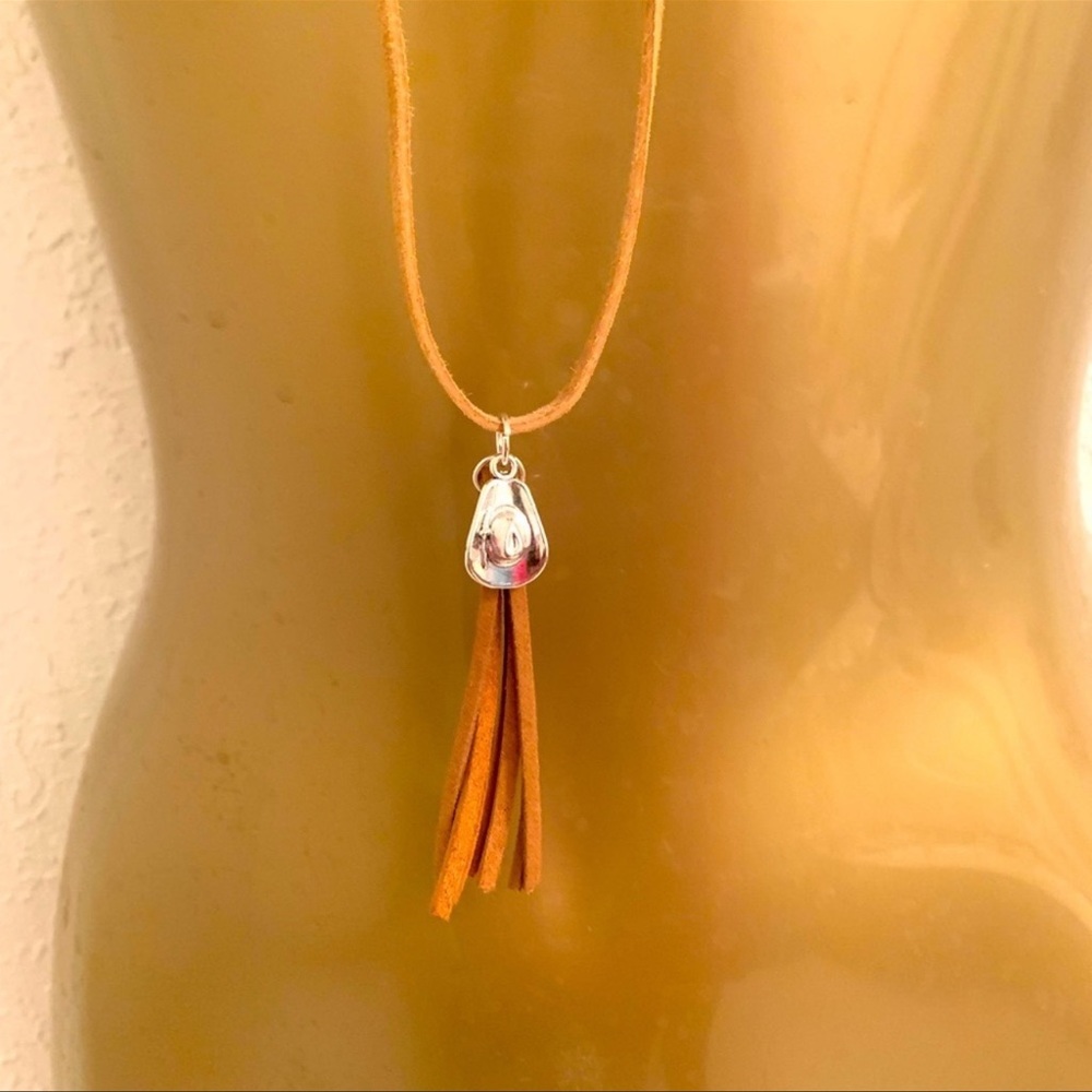 Wester long necklace with hat charm and leather pompon